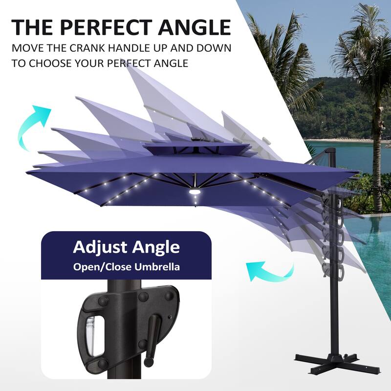 9 X 11 FT Outdoor Patio Cantilever Umbrella with Solar Lights Rod Wheel Base Double Canopy 360 Rotation Tilt