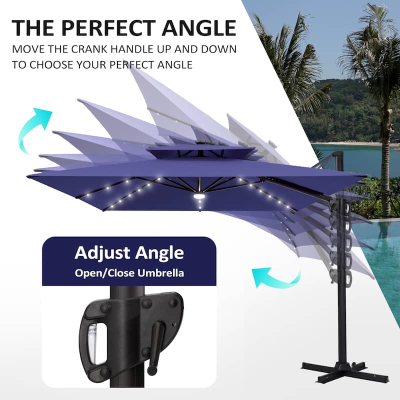 Pellebant 9x11 FT Outdoor Patio Double Top Cantilever Umbrella Solar LED Lighted with Rod Base