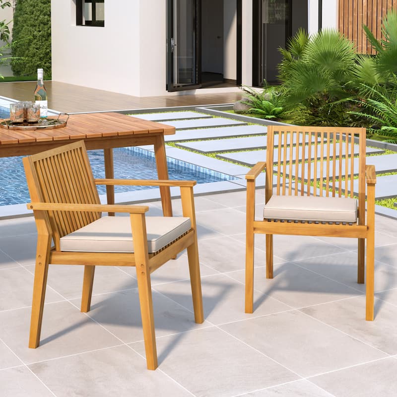 Patio Dining Chair Set of 2 - Sturdy Acacia Wood, Comfortable Waterproof Seating, 400 lbs Capacity, Brown Color Frame