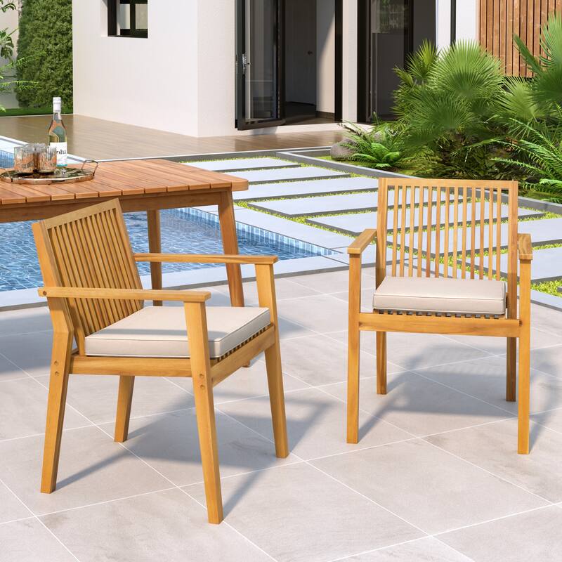 Roomfitters Patio Dining Chairs Set of 2, Acacia Wood Armchairs with Cushions, Outdoor Seating in Natural Finish - Beige,Natural; Dining Chairs Set of 2