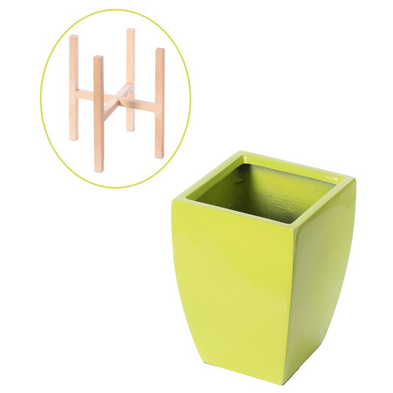 Green Indoor Decorative Square Planter With Wooden Stand