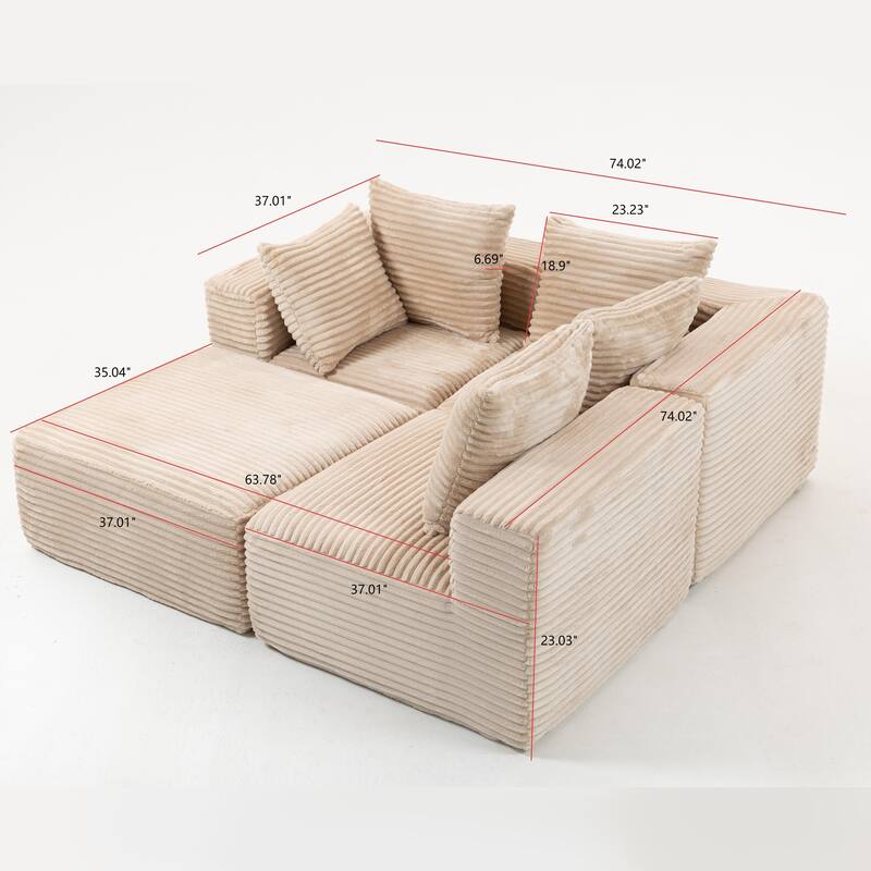 Floor Standing Deep Seat Sofa Corduroy Modular L-shaped Sectional Sofa with Chaise Lounge Compressed Sofa with Ottoman