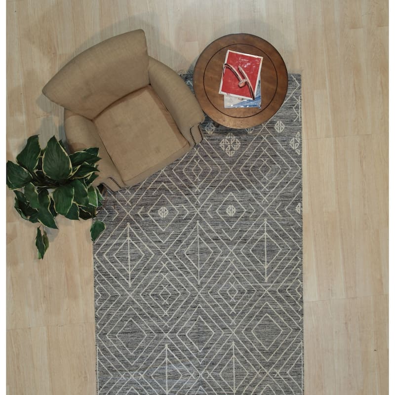 Charcoal Handwoven Wool Contemporary Kilim Rug 5' x 8' - Flat Weave Durable Pile-Less Textile Design - N/A