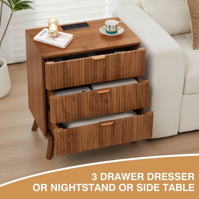 23.62in.W End Table 3-Drawer Nightstand with Charging Station