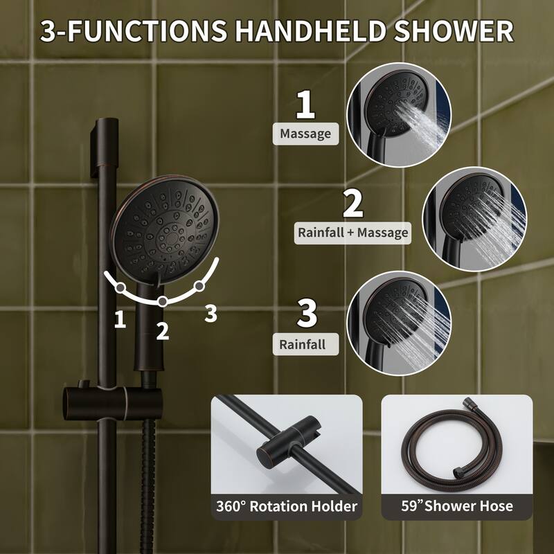 4-Spray Wall Mount Dual Fixed and Handheld Shower Head with Adjustable Slide Bar and Pressure-Balanced Valve