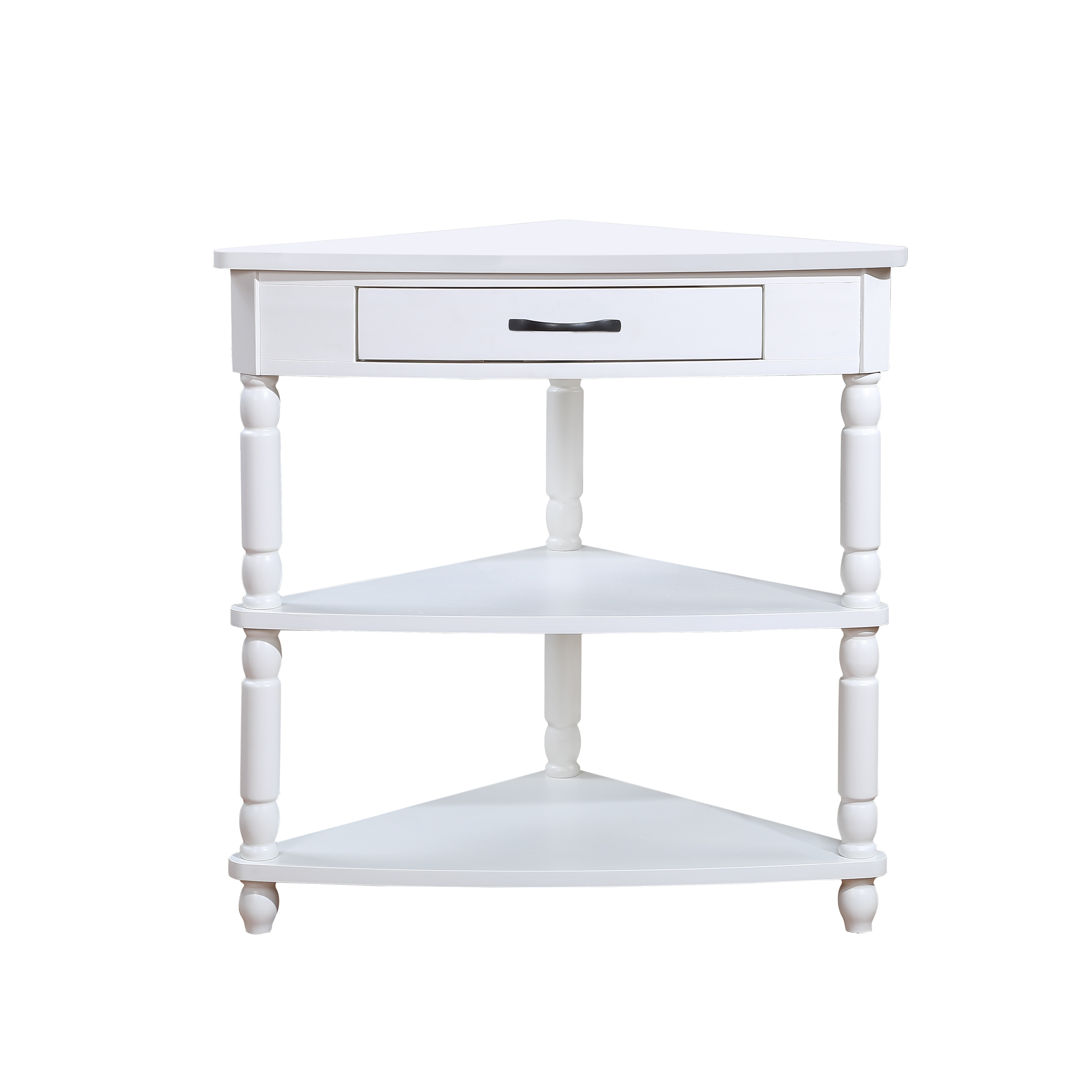 33.8" Small Truangle Corner Table, Solid Wood Corner Side Table with 2 Tier Shelves and Storage Drawer, Living Room Sofa Table