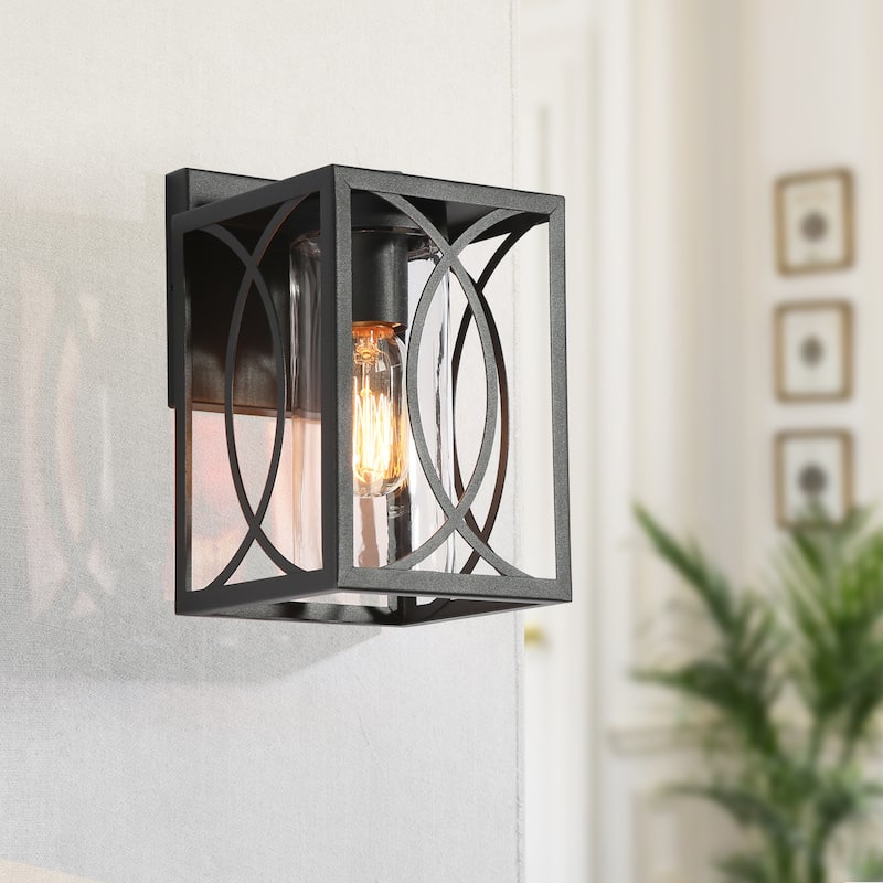 Pauly Modern Farmhouse Square 1-Light Black Outdoor Wall Lantern Sconce Glass Shade for Garage Porch Front Door