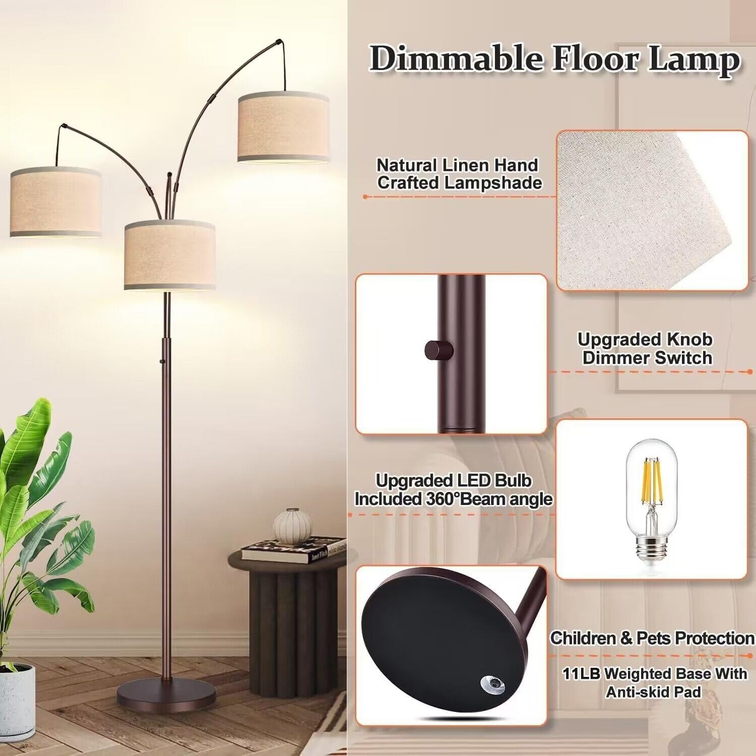 Dimmable Floor Lamp 3 Lights Arc Floor Lamps for Living Room Modern Tall Standing Lamp w Shades Tree Floor Lamp for Bedroom Bed Bath Beyond 41494731