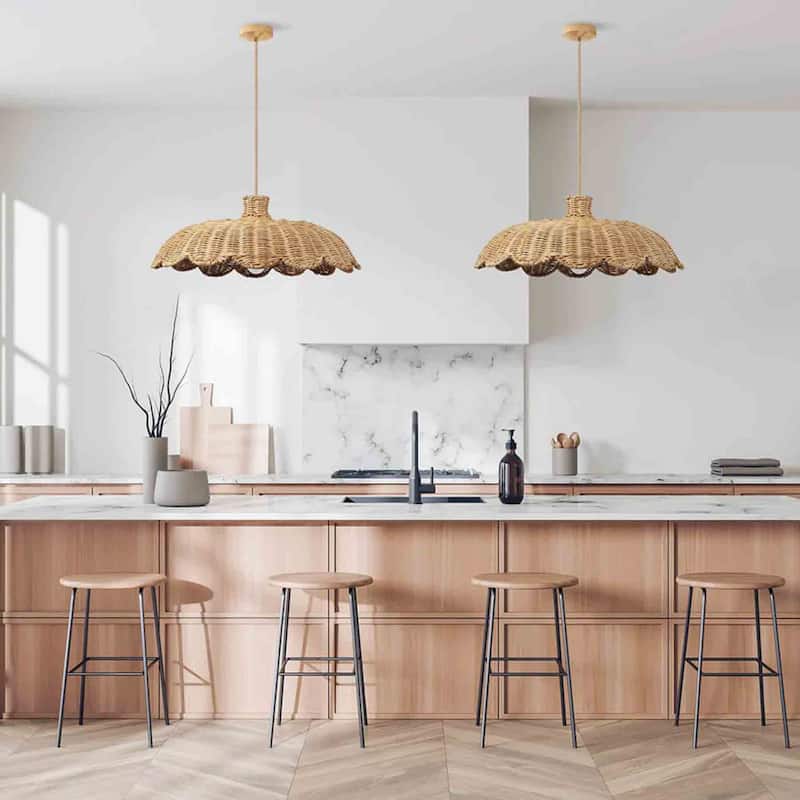 Aurelia Rattan Pendant Light - Natural Hardwired Light Fixture for Kitchen Island or Dining Room in Boho or Coastal Style