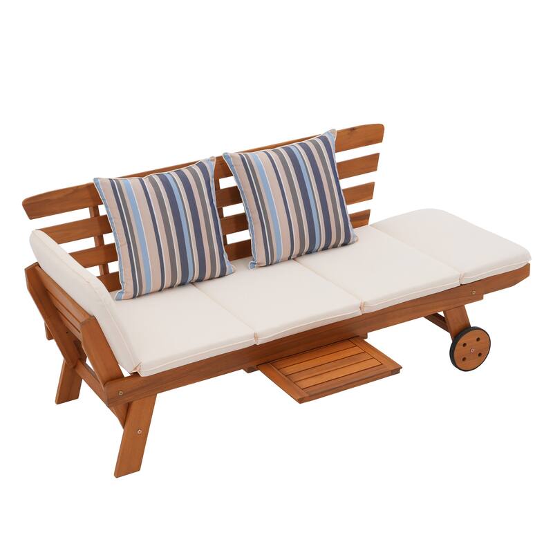 Outdoor Daybed Wooden Folding Lounge Chair with Front Tray and Wheels