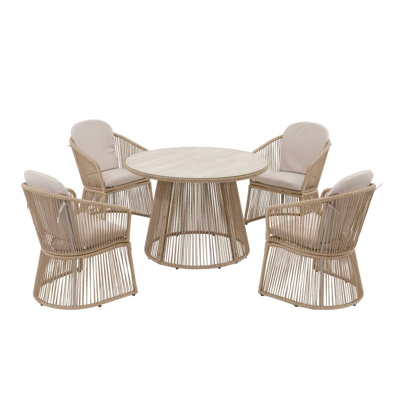 5 Pieces Outdoor PE Rattan Patio Dining Set with Round Tempered Glass Table