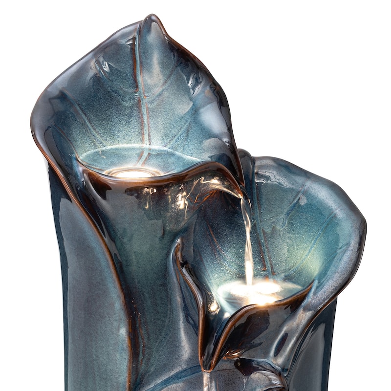 Glitzhome 31"H 4-Tiered Lotus Leaf Textured Ceramic Vase Outdoor Floor Fountain with LED