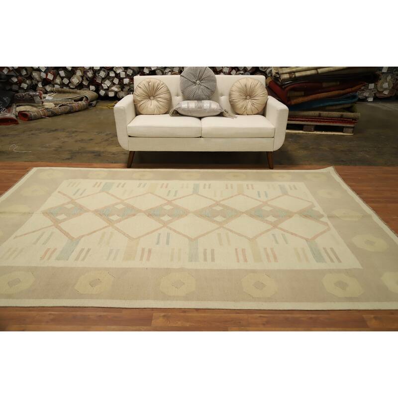 Hand Woven Oriental 100% Wool Carpet Southwestern Tribal Beige & Ivories Kilim Area Rug - 9' 8'' X 6' 5''