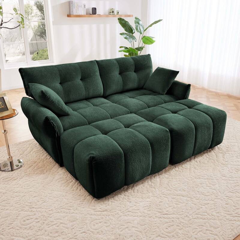 78.7" Chenille 2-Seater Sectional Sofa with 2 Ottomans - Green