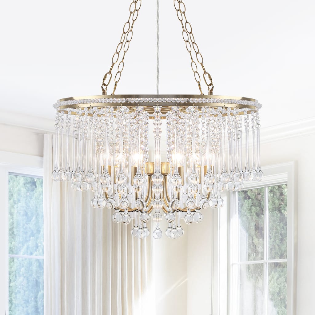 6-Light Gold Crystal Chandelier with Octagon Beads & Teardrop Strands - Dia.23.62-in
