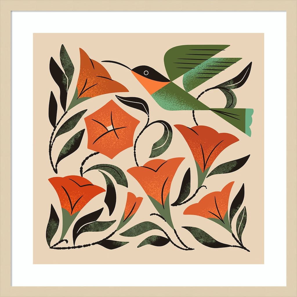 Hummingbird and Trumpet Flowers by Renea l. Thull Wood Framed Wall Art Print