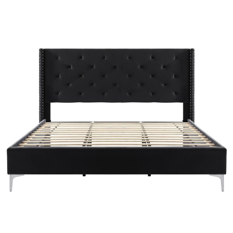 Morden Fort Queen Size Velvet Upholstered Platform Bed Frame with 6 inches Metal Legs