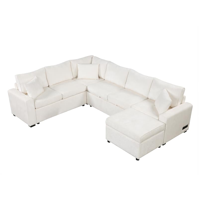 Roomfitters Sectional Sofa Pull-Out Bed Sleeper with Storage Ottoman, Three Pillows, and Built-In Charging Devices