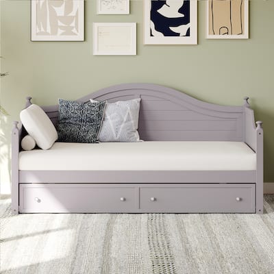 Twin Size Daybed Wood Sofa Bed Space-Saving Storage Bed with 2 Drawers and Curved Handrail Guardrail for Living Room, Light Grey