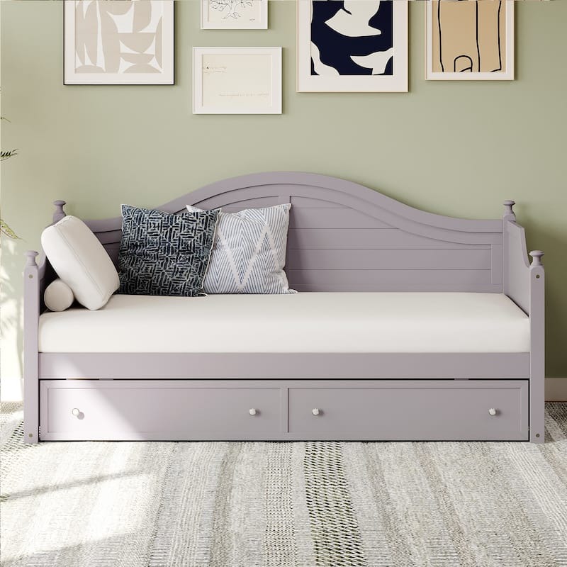 Twin Size Wood Daybed with 2 Storage Drawers ,Wooden Sofa Bed with Handrail for Living Room Bedroom, White - LIGHT GREY