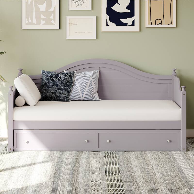 Wooden Daybed with 2 Storage Drawers, Twin Size Storage Platform Bed - Twin Size Extendable Day-bed Pop-up Trundle Bed, Sofa Bed - Light Grey - Twin