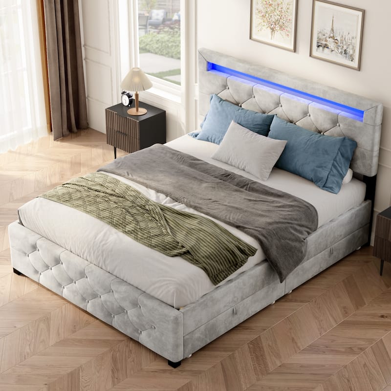 Queen Size Upholstered Platform Bed with Storage Drawers and LED Lighting