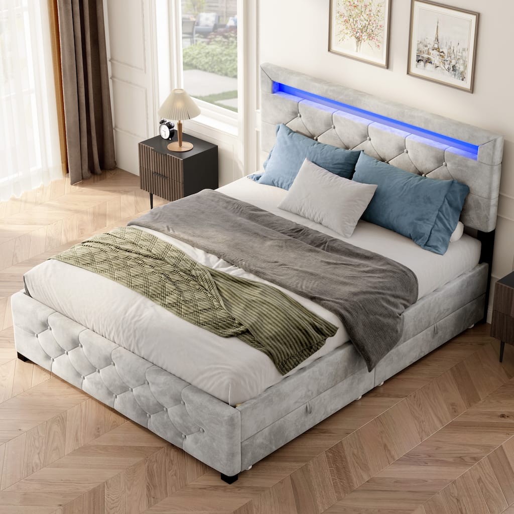 Upholstered Platform Bed, Velvet Fabric Storage Bed Frame with 4 Drawers and LED Headboard, No Box Spring Needed