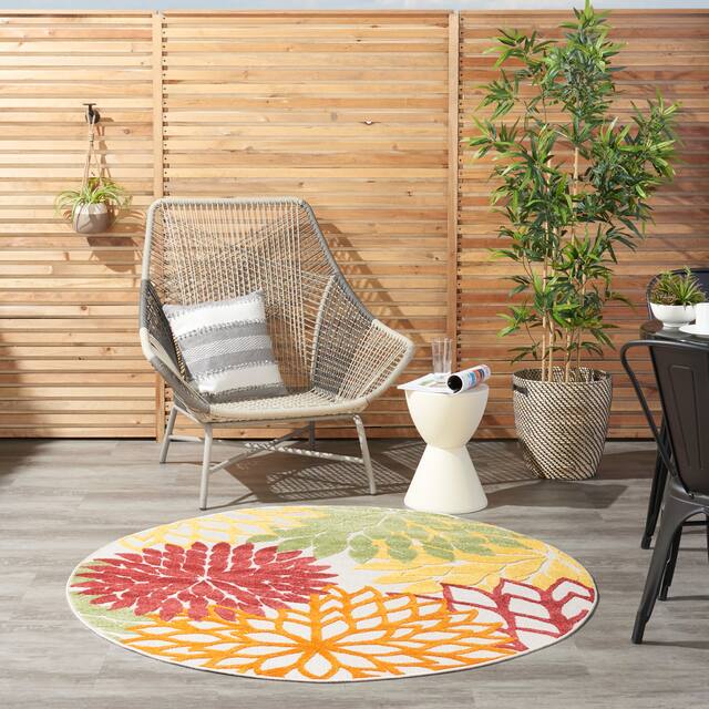 Nourison Aloha Floral Modern Indoor/Outdoor Area Rug - 5'3" Round - Red Multi Colored