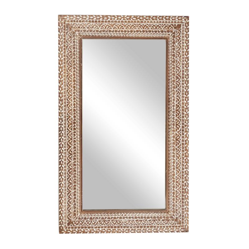 Wood Floral Room Wall Mirror with Detailed Cream Carvings - Brown - Roche River Decor