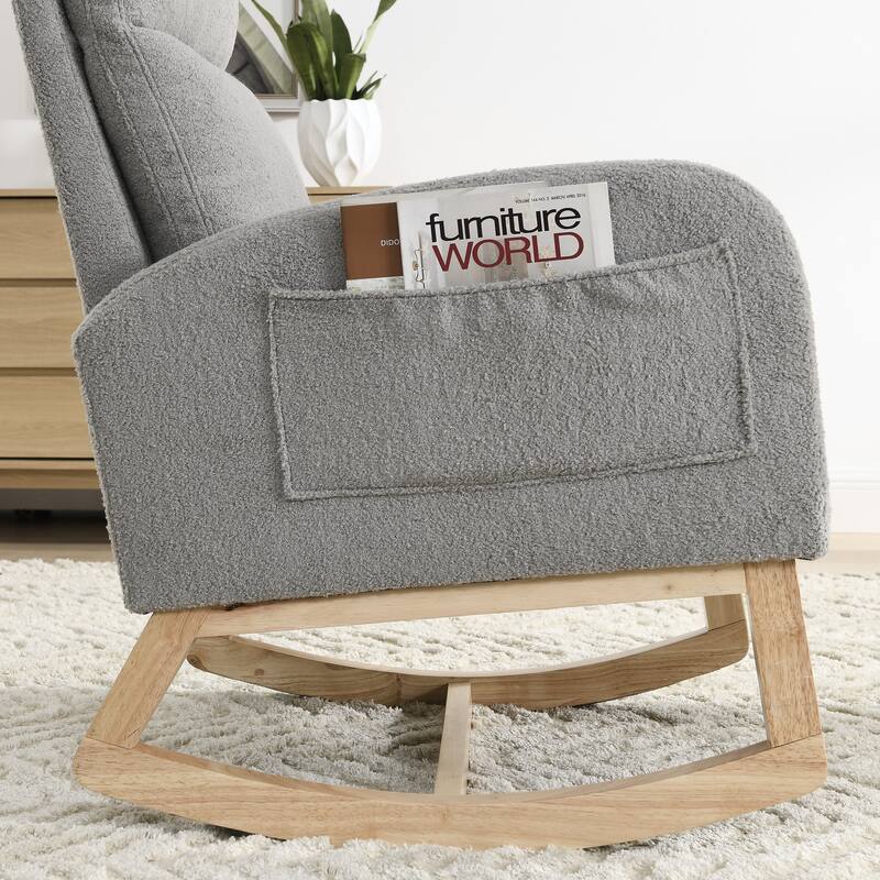 Modern Accent High Backrest Living Room Lounge Arm Rocking Chair: Each Armrest Has a Large Pocket
