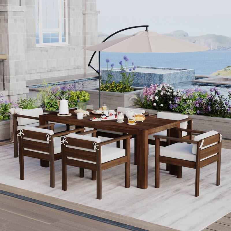 7-Piece Outdoor Patio Dining Set Wood Rectangular Dining Table and 6 Arm Chairs with Parasol Hole and Removable Cushions