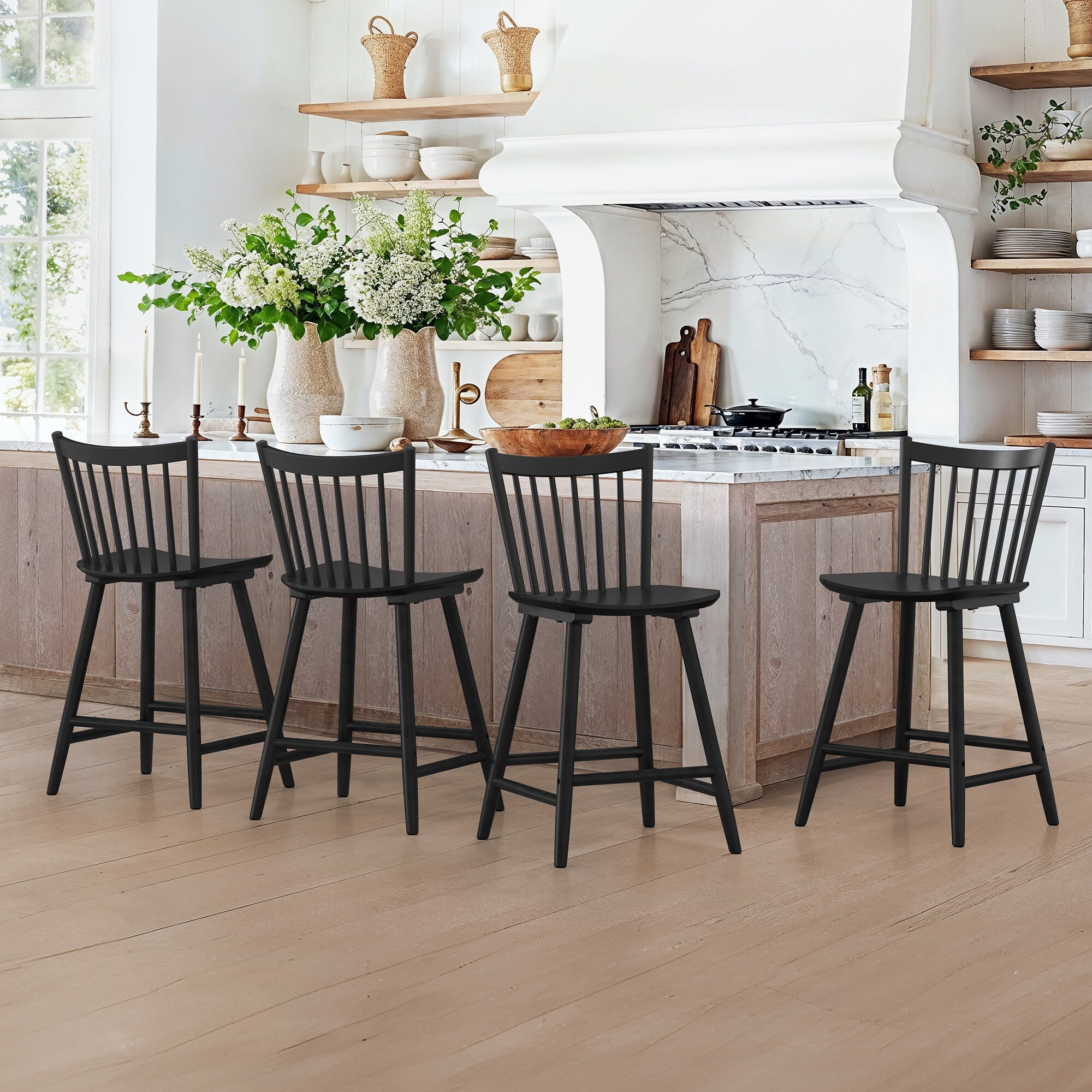 24 in. Windsor Wooden Bar Stools with Low Back Farmhouse Solid Wood Counter Stools 16.9 in. W x 16.9 in. D x 37 in. H Set of 4 Black