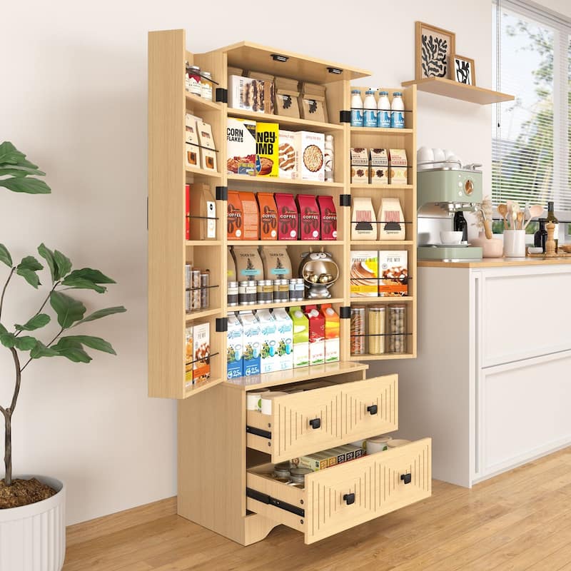 Gymojoy Farmhouse Pantry Cabinet with Drawer & Shelves, Kitchen Storage Cupboard for Dining Room, Living Room, Bathroom