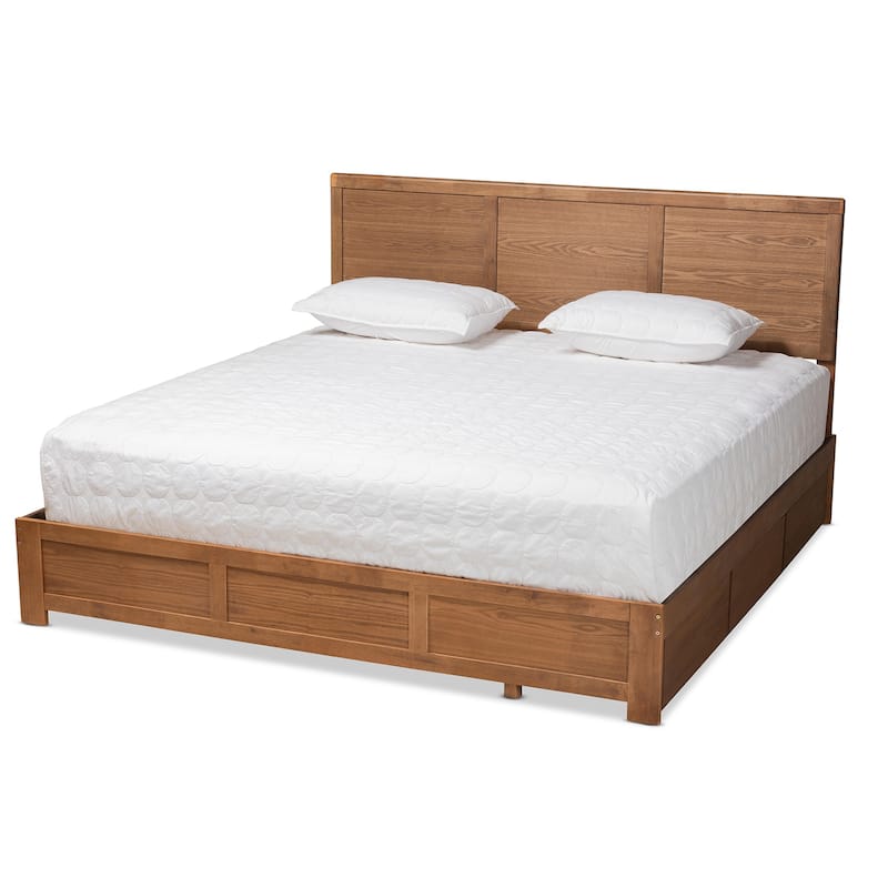 King Size Storage Bed - Ash Walnut Wood Platform Bed with 3 Drawers - Modern Bedroom Furniture