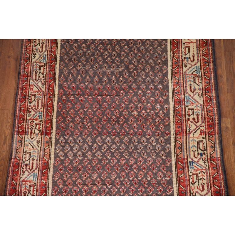Hand Knotted Oriental 100% Wool Carpet Traditional All-Over Greys & Charcoal Botemir Runner Rug - 10' 4'' X 3' 4''