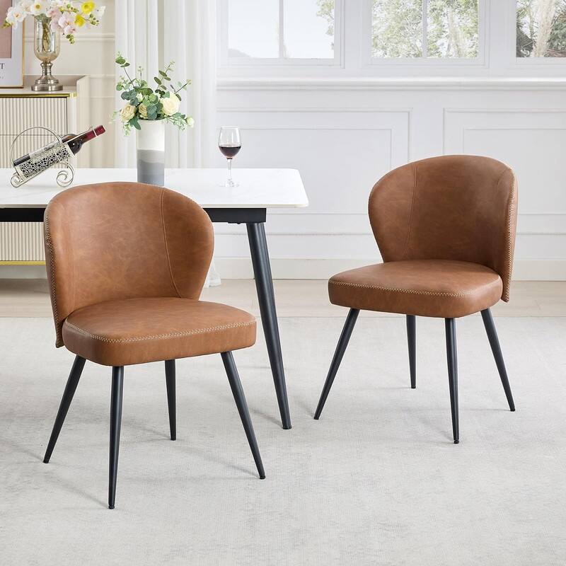 Set of 2 Ergonomic Dining Chairs - Leather Upholstered with Steel Legs