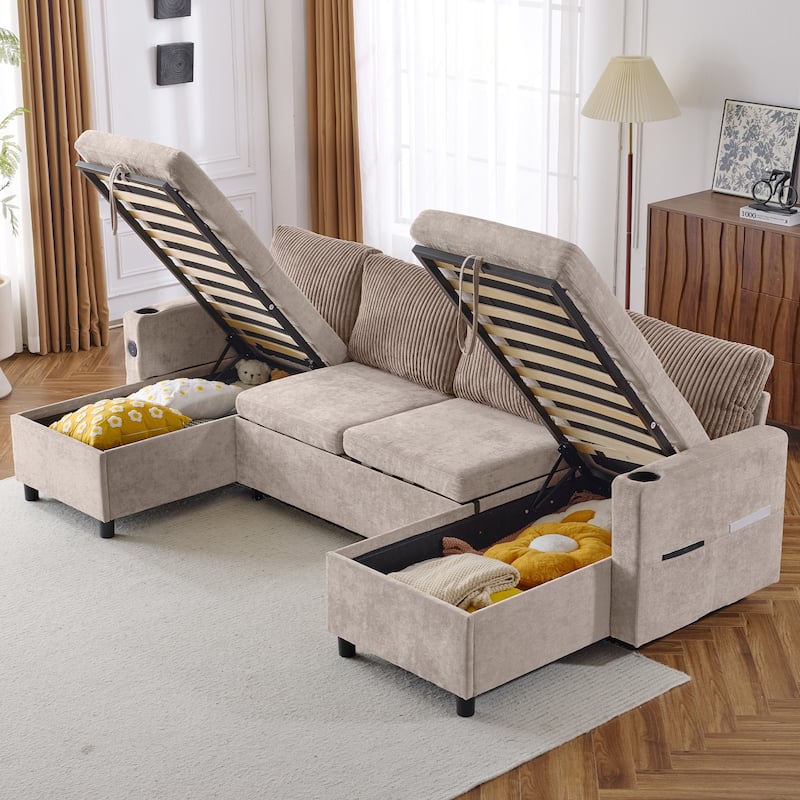Chenille Sectional Sofa Convertible Sleeper Sofa, U Shaped Couch Sofa with 2 Storage Chaise Lounges and 2 Pillows