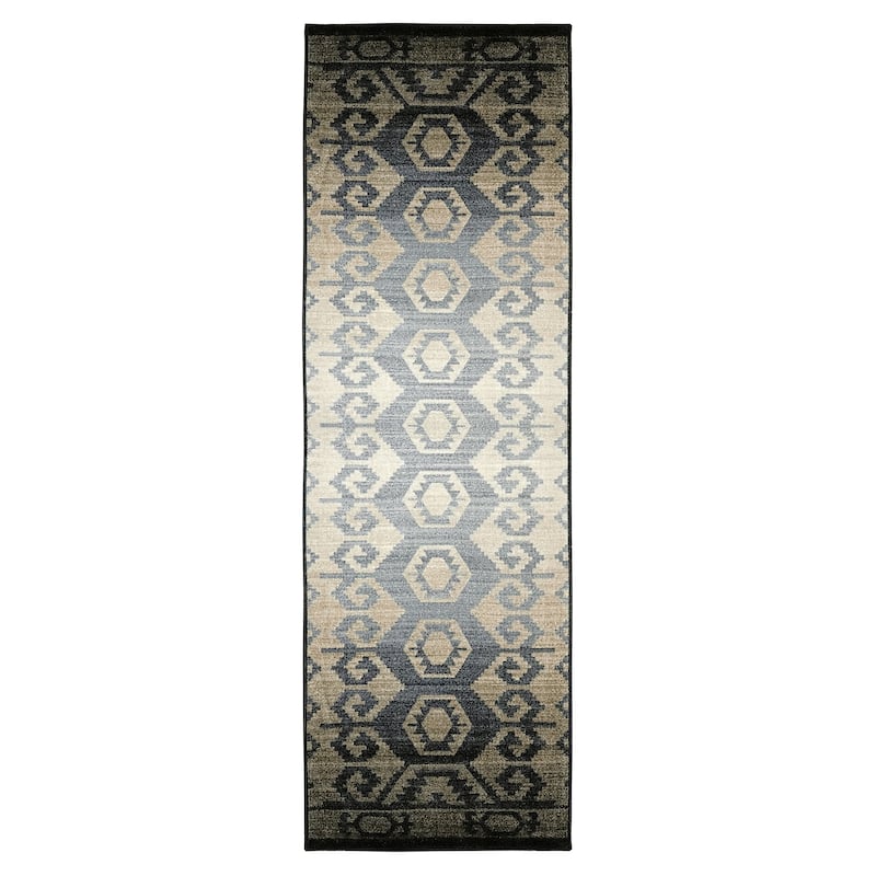Superior Catori Geometric Boho Washable Non-slip Area Rug - 2'6" x 8' - Navy Blue