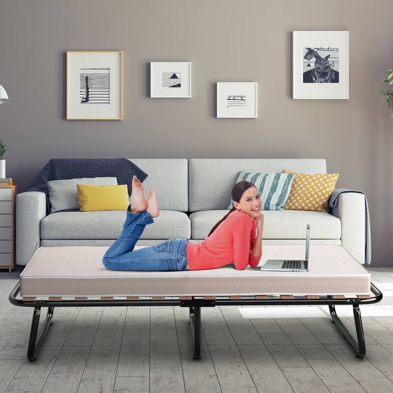 Gymax Portable Folding Guest Bed Cot with Memory Foam Mattress Twin