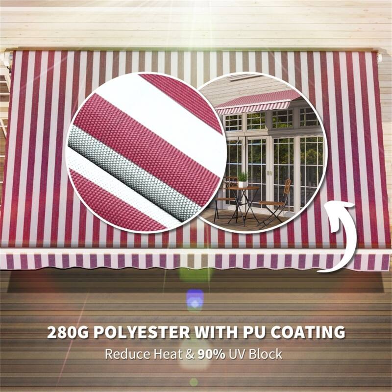Wine Red-White Stripes Aluminum Steel Polyester Outdoor Retractable Awning - 116.25" W x 96.5" D