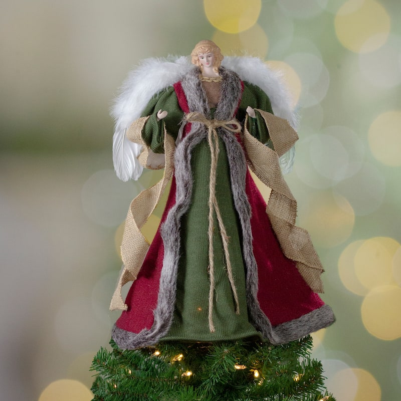 18" Green and Brown Angel in a Dress Christmas Tree Topper - Unlit - 18