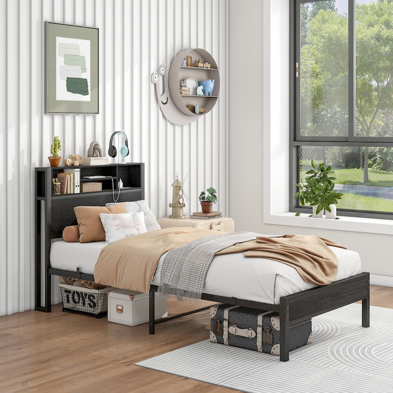 Metal Platform Bed Frame with Wooden Headboard Footboard, Bookcase Storage, Charging Station, No Box Spring Needed, Noise-Free