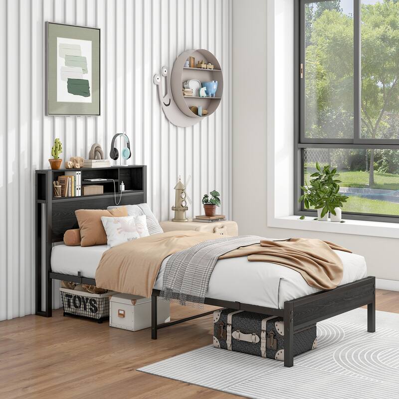 Metal Platform Bed with Charging Station, Bookcase Storage