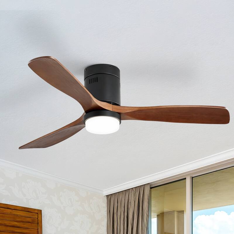 52 Inch Noiseless Flush Mount Ceiling Fan with Remote/Smart App Control,Dimmable Lights Optional,Reversible Motor - 52 Inch - Black and Walnut Wood Blades/With Lights