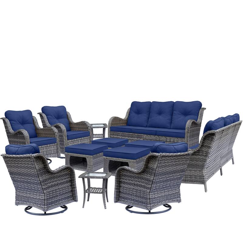 Gray Wicker 12-piece Outdoor Patio Conversation Sets with Swivel Chair