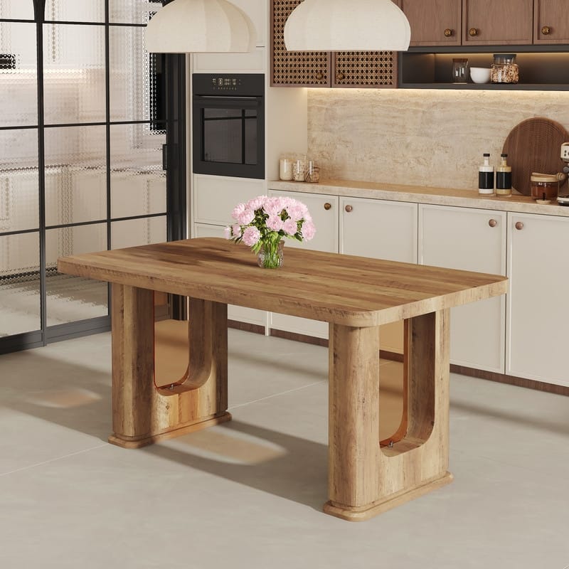 64.5 x 35.4 Inch Modern Dining Table with Wood Texture & Glass Accent