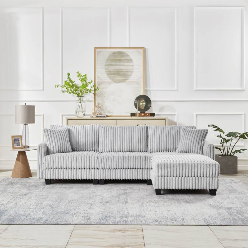 100" Corduroy Fabric Sofa With L-Shaped Modular 3-Seat Convertible Sofa, Built-In Dual Charging Ports At The Arms - Grey