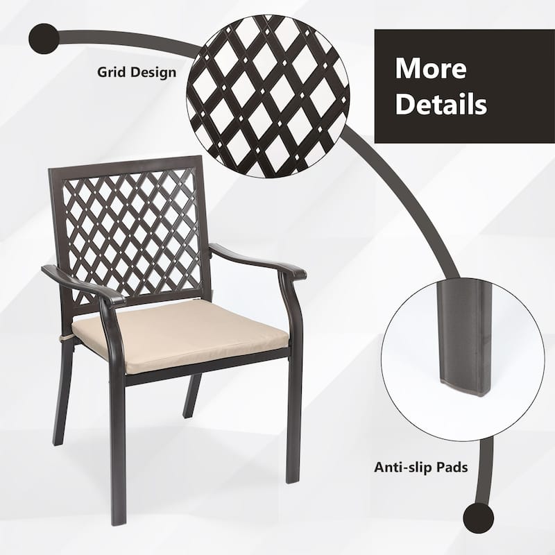 Aoodor Outdoor Patio Metal Stackable Dining Chairs 2-Piece Set with Curved Armrests and Strapped Seat Cushions