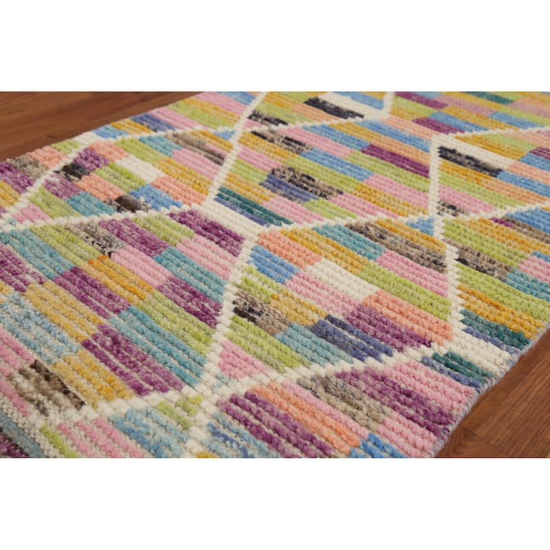 Multicolor Trellis Moroccan Runner Rug Hand-Knotted Wool Carpet - 2'7"x 12'10"