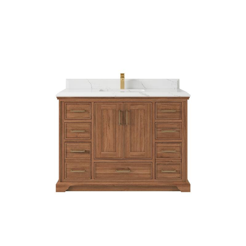 Willow Collections 48 in. W x 22 in. D Charlotte Teak Single Sink Bathroom Solid Teak Vanity with Countertop - 1.5”Calacatta Laza - Dark Natural